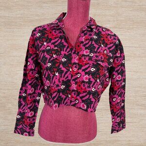 NWT Nuon Floral Pattern Pink/Red/Black Button Up Crop Blouse Size Small Cotton